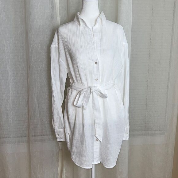 A & F S Oversized White Gauze Lightweight Cotton Button Down Belted Shirt Tunic - Picture 1 of 12